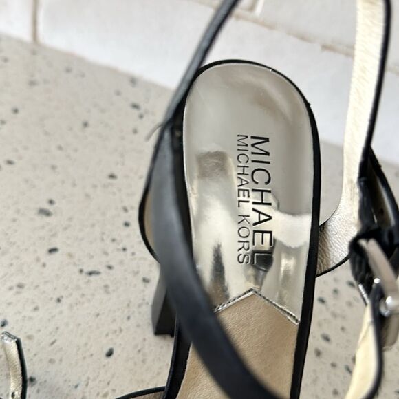 Michael Kors Racquel Platform Black Leather high Block Heels Open Toe Size 6.5M - Picture 15 of 16